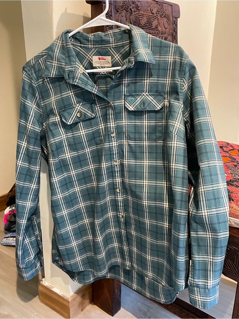 Fjallraven Teal Plaid Shirt with Red Logo
